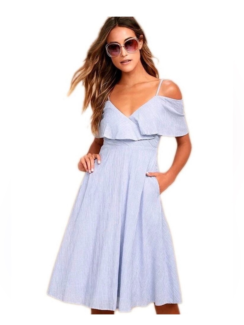 Lulu's Light Blue Ruffle Cold-Shoulder Midi Dress with Adjustable Straps